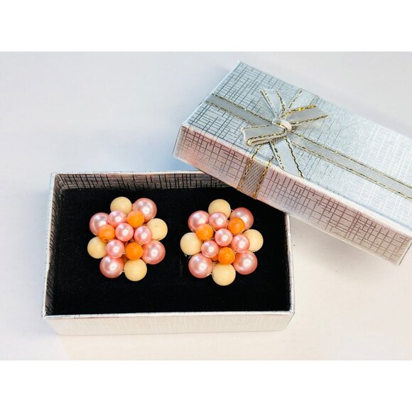 Vintage Japan Cluster Clip-On Earrings Pink & Orange Faux Pearls Flower Design W - Picture 2 of 7
